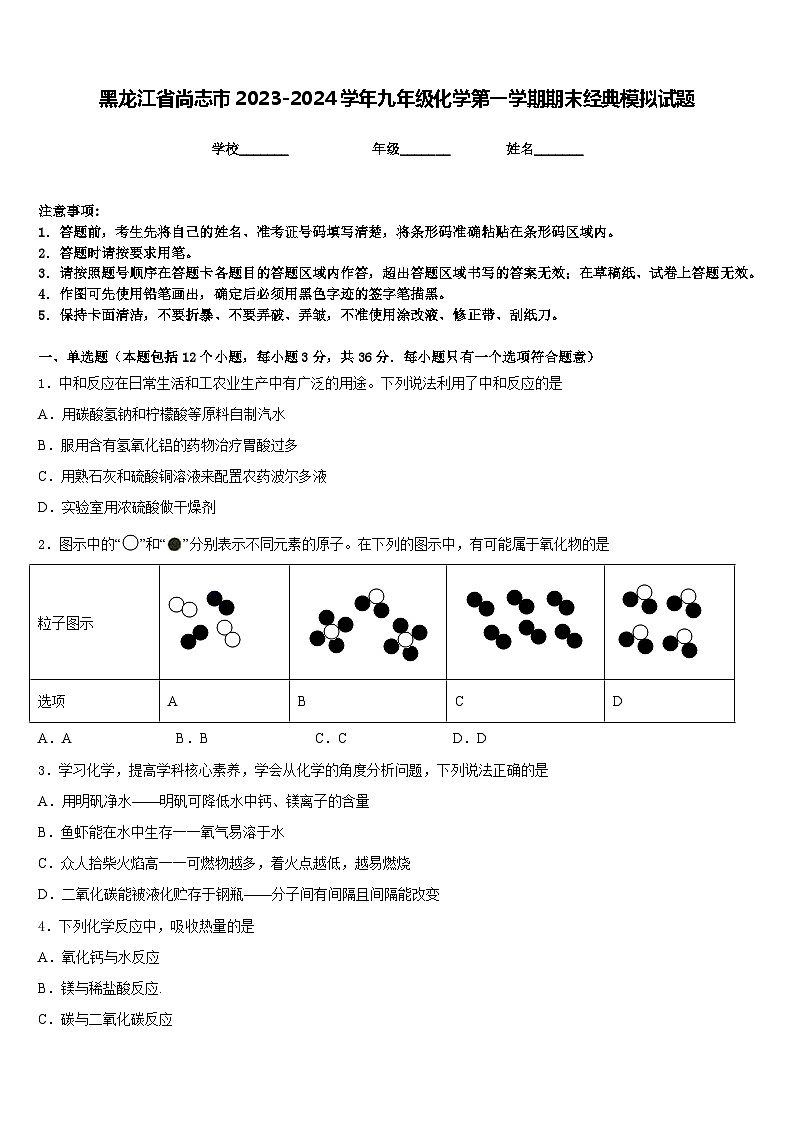 黑龙江省尚志市2023-2024学年九年级化学第一学期期末经典模拟试题含答案第1页