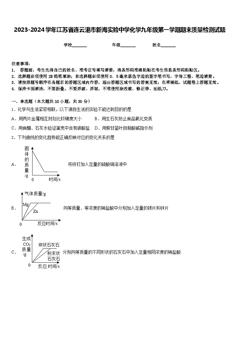 2023-2024学年江苏省连云港市新海实验中学化学九年级第一学期期末质量检测试题含答案01