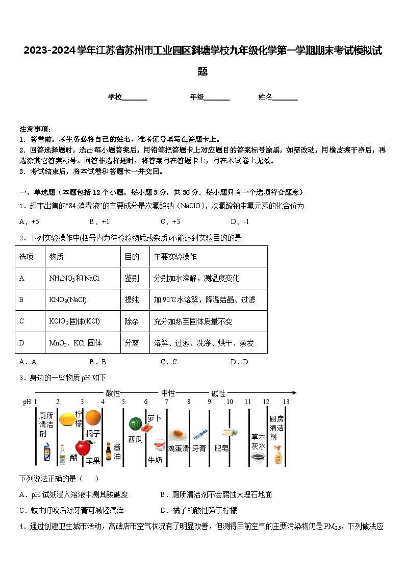 2023-2024学年江苏省苏州市工业园区斜塘学校九年级化学第一学期期末考试模拟试题含答案第1页