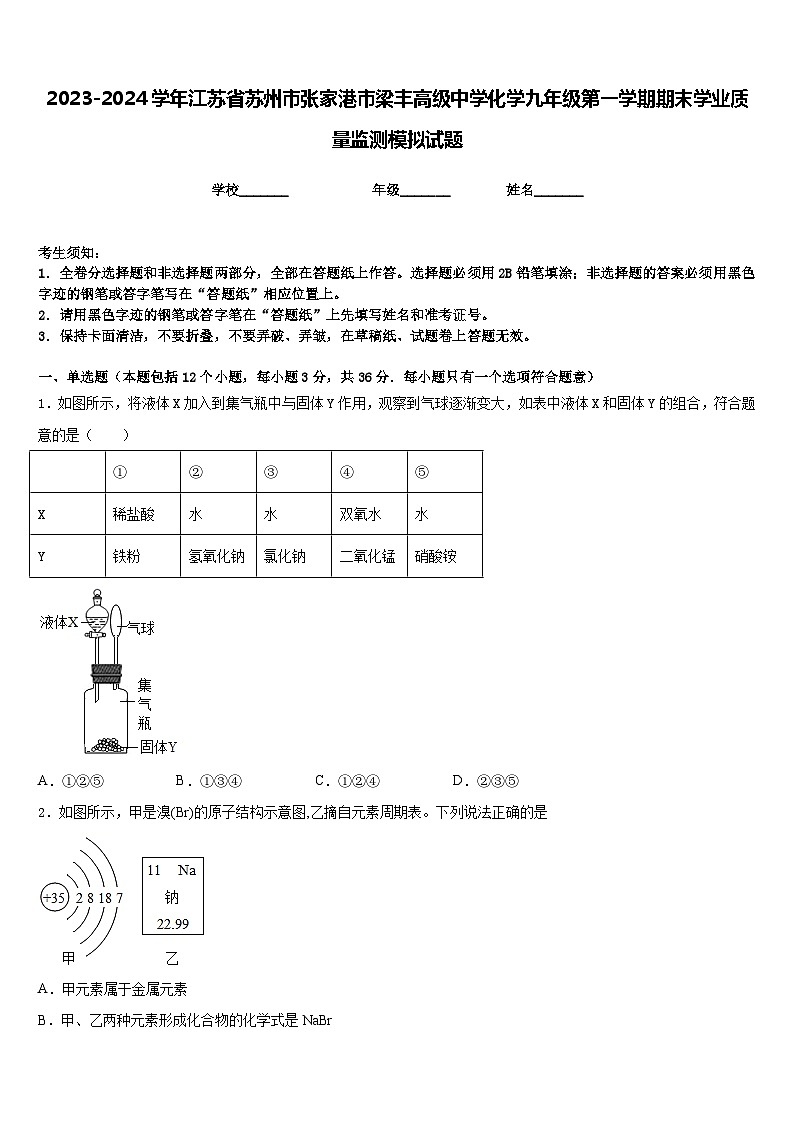 2023-2024学年江苏省苏州市张家港市梁丰高级中学化学九年级第一学期期末学业质量监测模拟试题含答案01