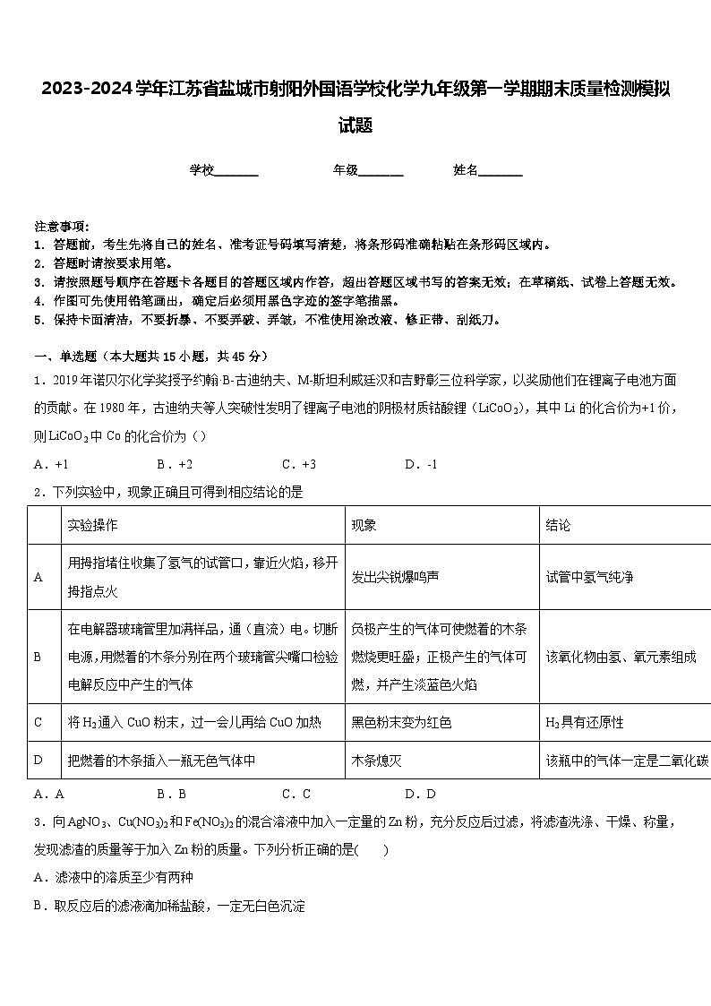 2023-2024学年江苏省盐城市射阳外国语学校化学九年级第一学期期末质量检测模拟试题含答案第1页