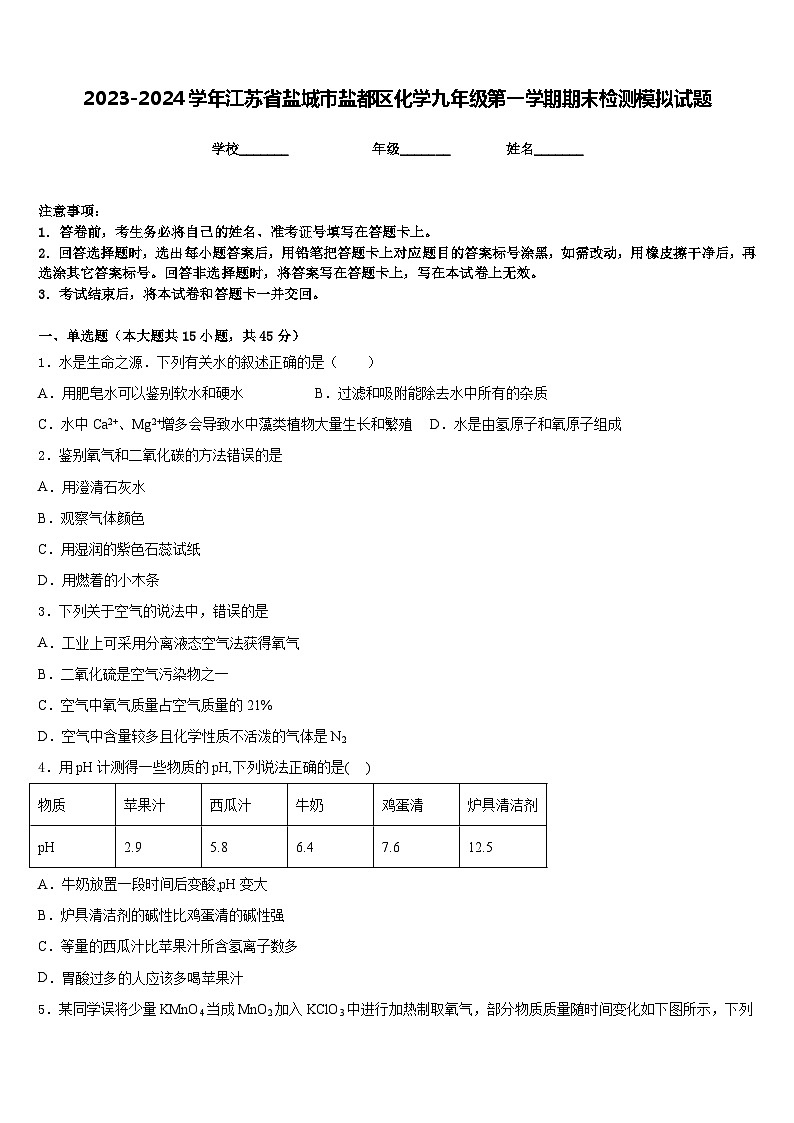 2023-2024学年江苏省盐城市盐都区化学九年级第一学期期末检测模拟试题含答案第1页