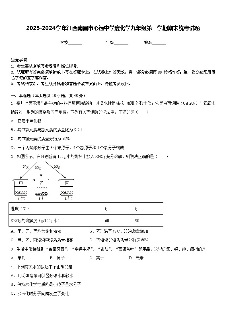 2023-2024学年江西南昌市心远中学度化学九年级第一学期期末统考试题含答案第1页
