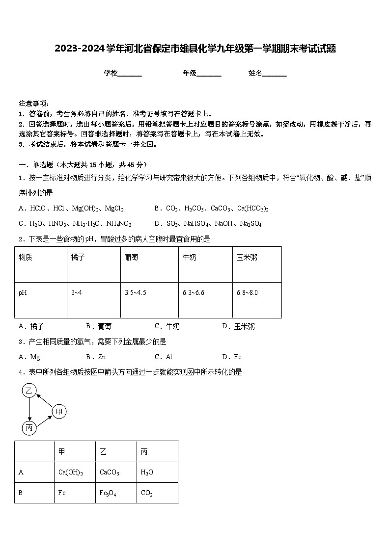 2023-2024学年河北省保定市雄县化学九年级第一学期期末考试试题含答案01