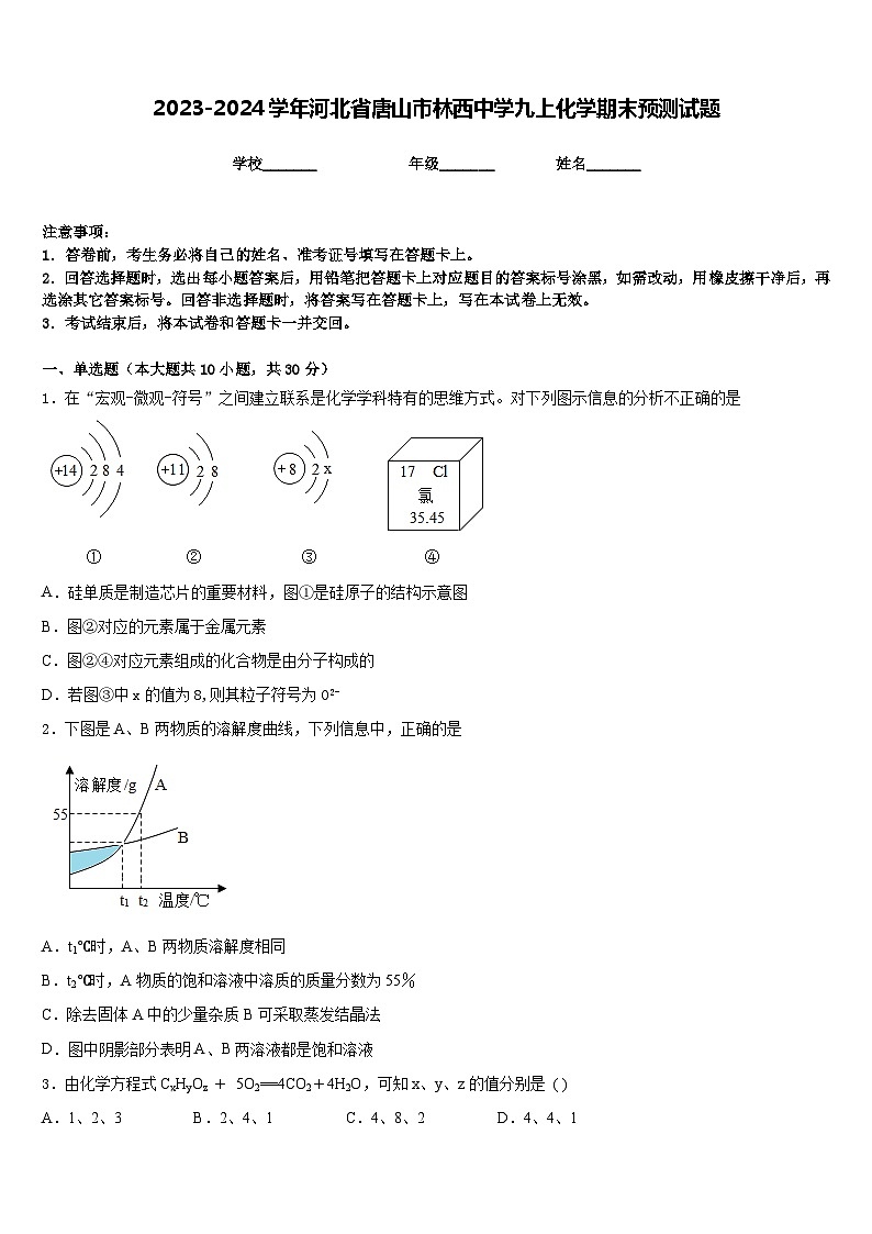 2023-2024学年河北省唐山市林西中学九上化学期末预测试题含答案第1页