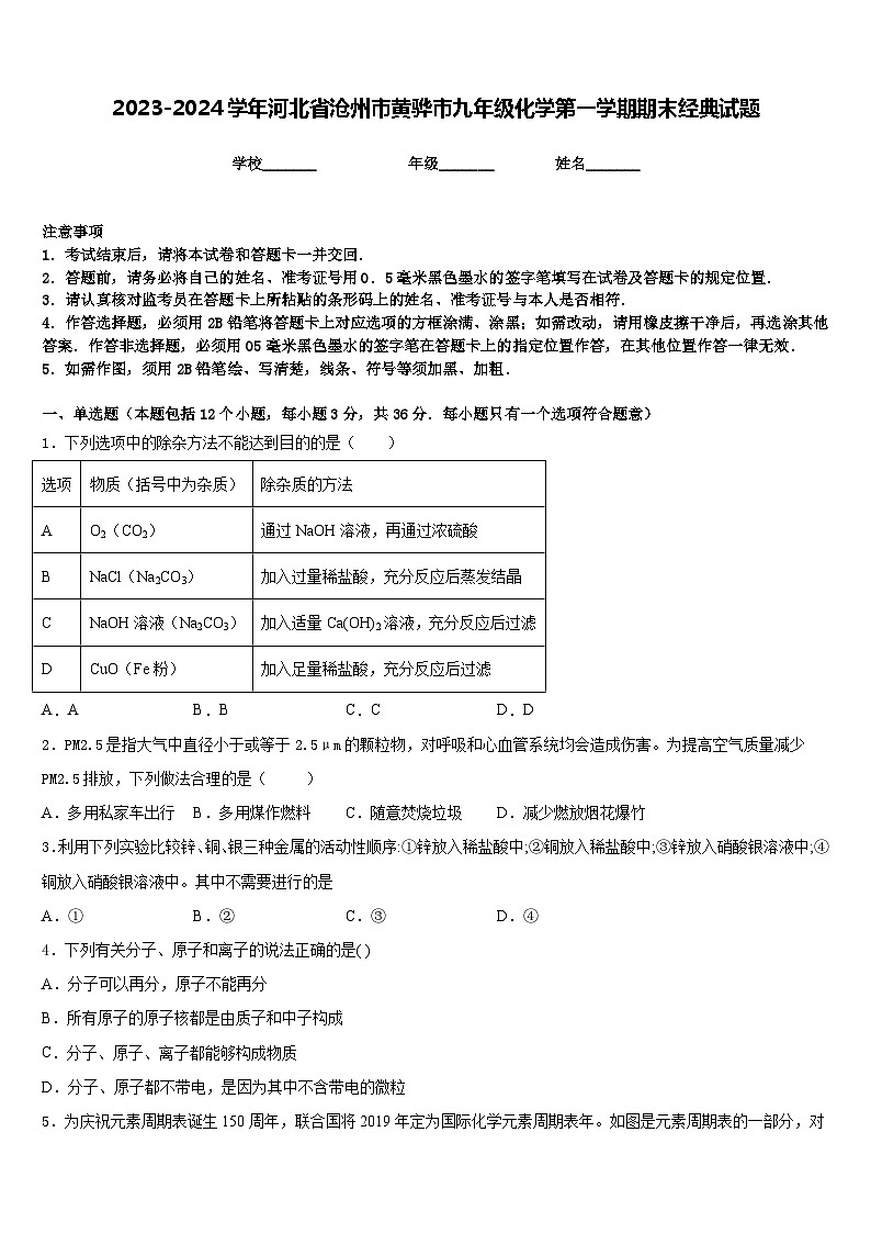 2023-2024学年河北省沧州市黄骅市九年级化学第一学期期末经典试题含答案第1页