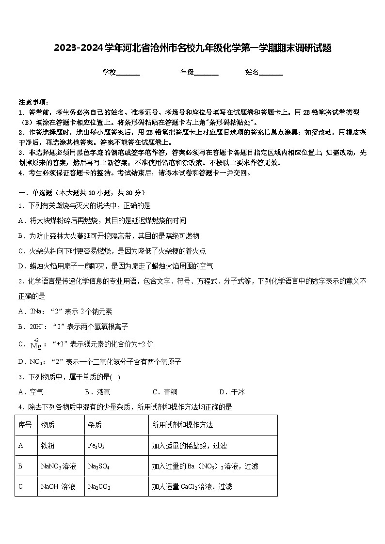 2023-2024学年河北省沧州市名校九年级化学第一学期期末调研试题含答案01