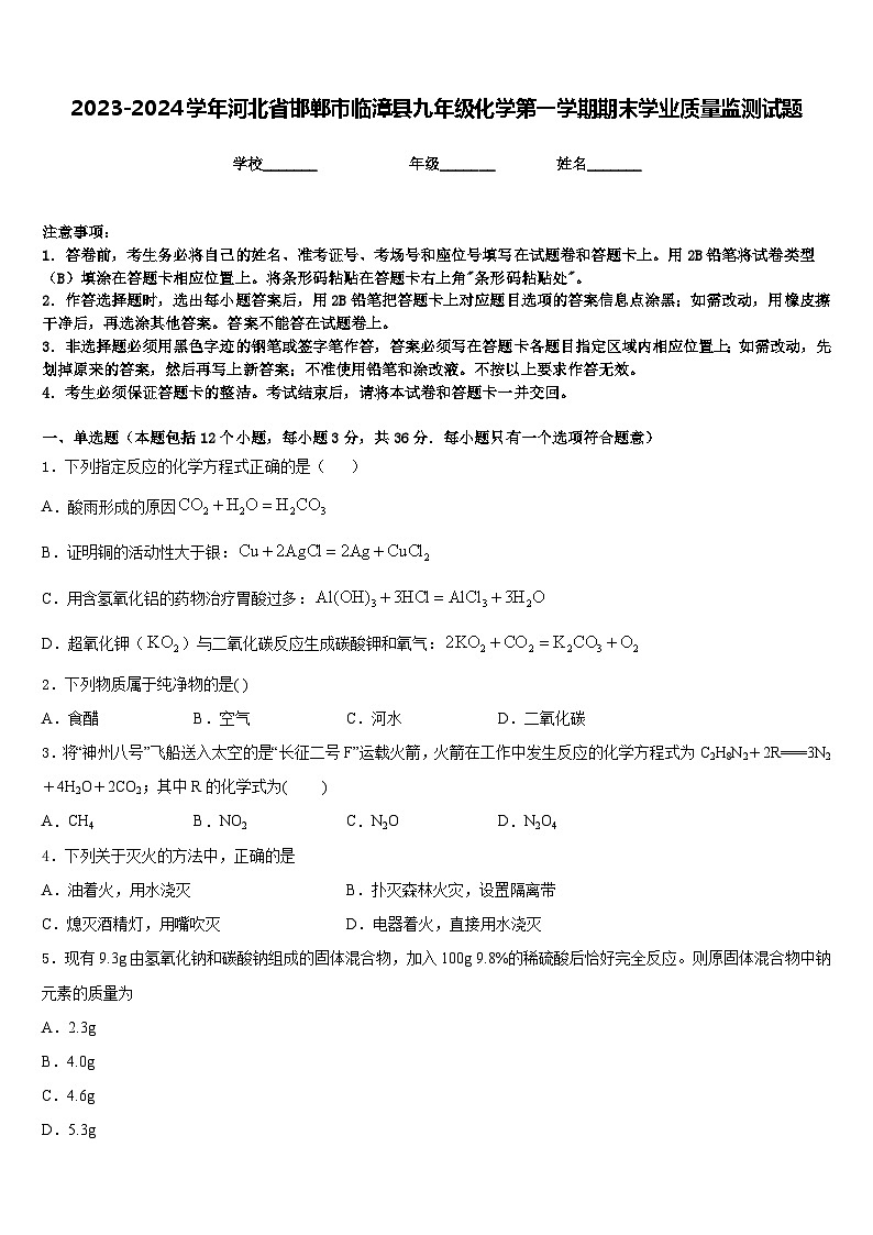 2023-2024学年河北省邯郸市临漳县九年级化学第一学期期末学业质量监测试题含答案01
