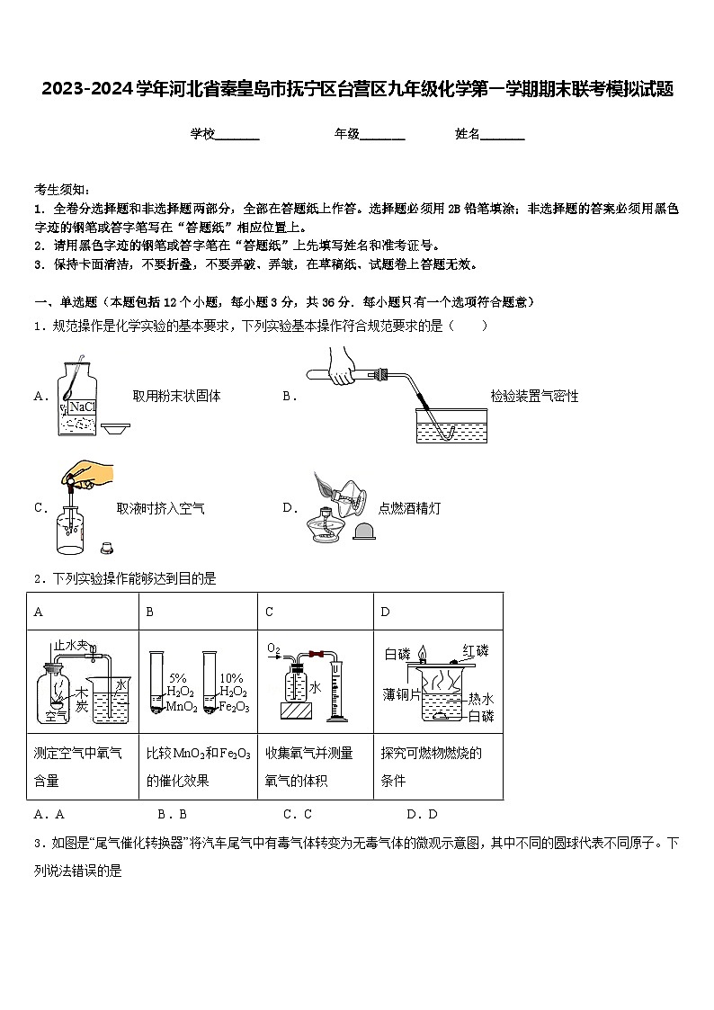 2023-2024学年河北省秦皇岛市抚宁区台营区九年级化学第一学期期末联考模拟试题含答案01