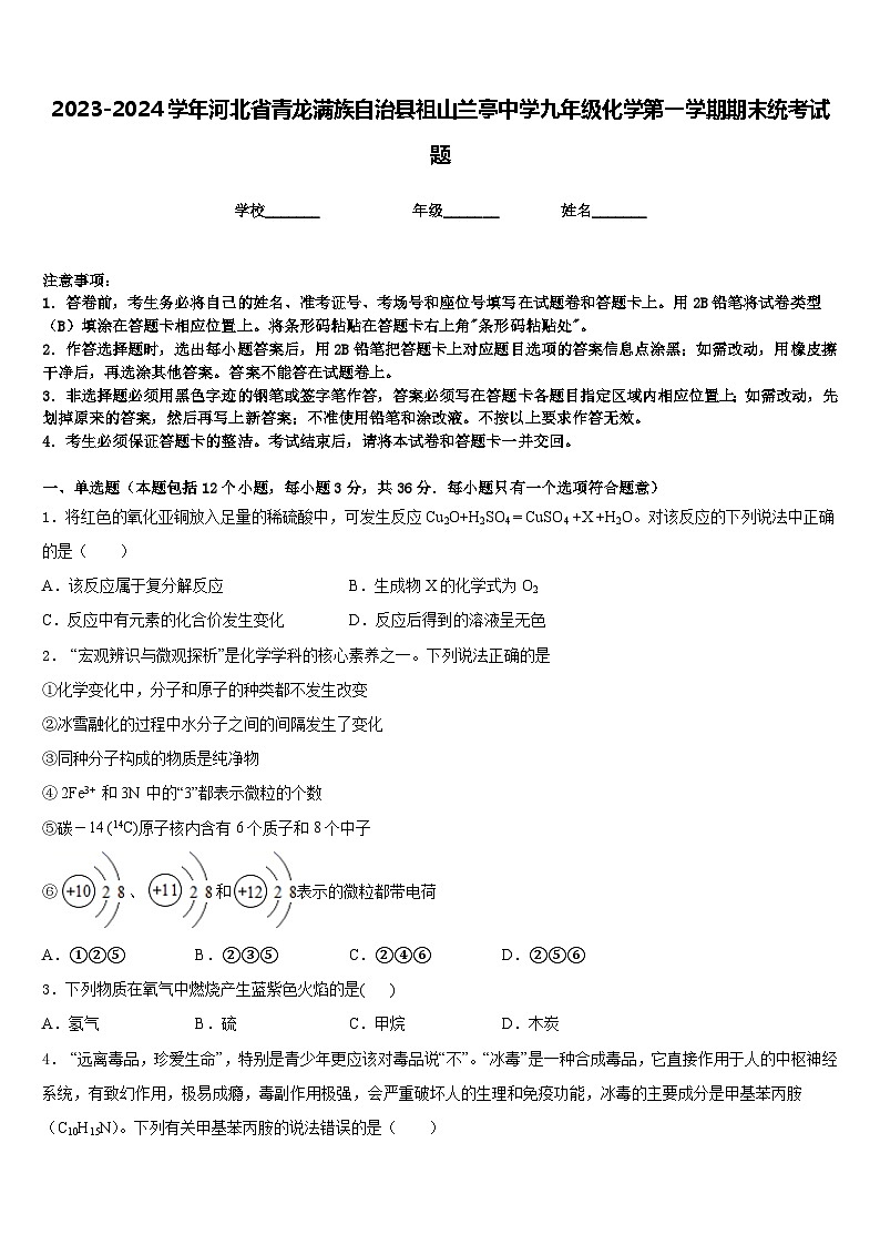 2023-2024学年河北省青龙满族自治县祖山兰亭中学九年级化学第一学期期末统考试题含答案01