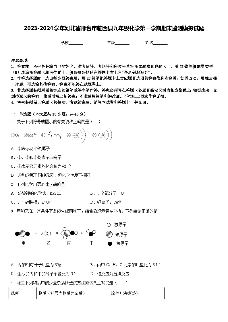 2023-2024学年河北省邢台市临西县九年级化学第一学期期末监测模拟试题含答案第1页