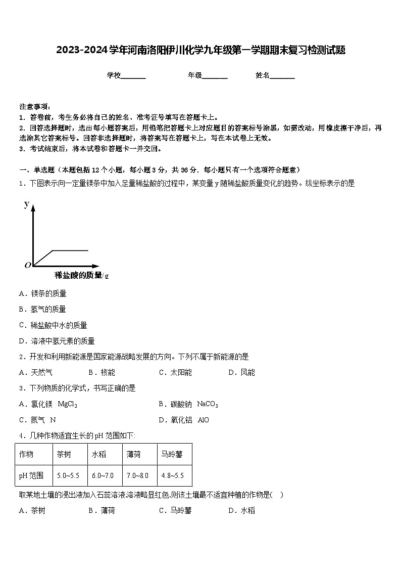 2023-2024学年河南洛阳伊川化学九年级第一学期期末复习检测试题含答案第1页