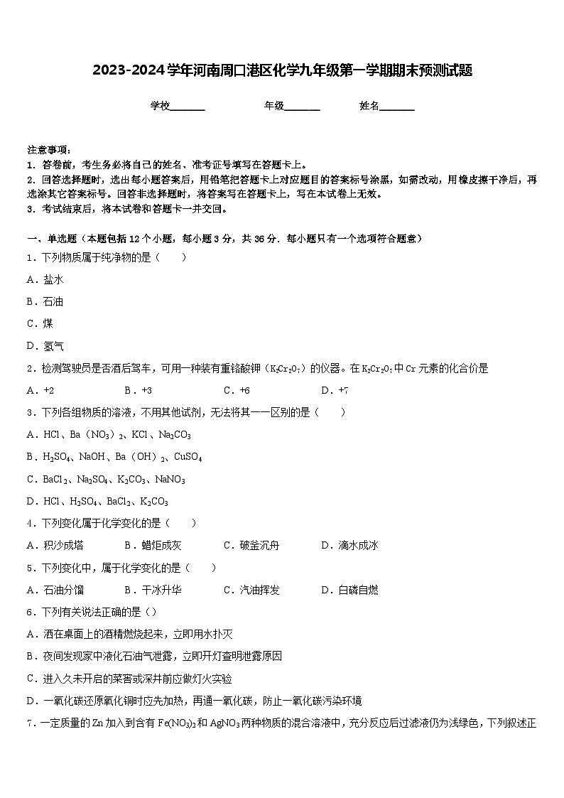 2023-2024学年河南周口港区化学九年级第一学期期末预测试题含答案第1页