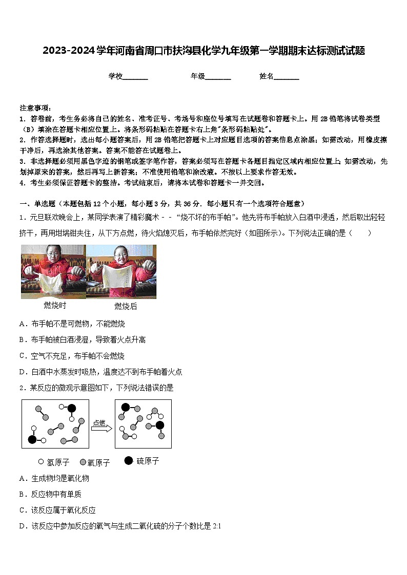 2023-2024学年河南省周口市扶沟县化学九年级第一学期期末达标测试试题含答案01