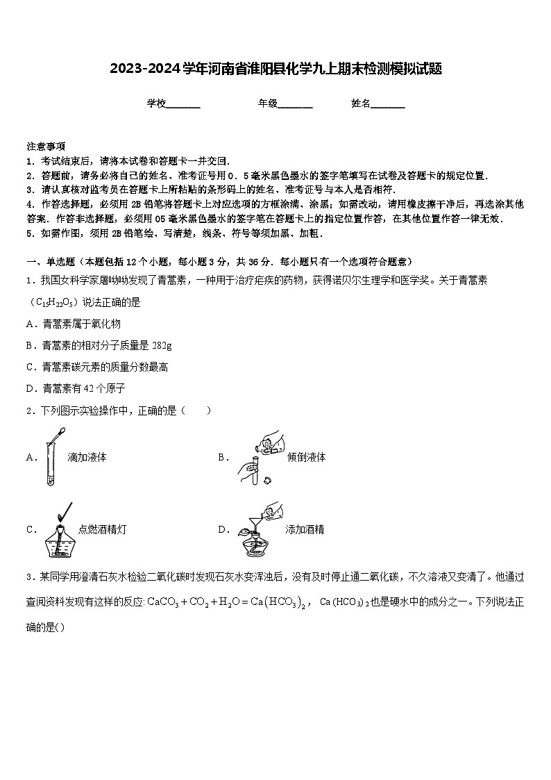 2023-2024学年河南省淮阳县化学九上期末检测模拟试题含答案第1页