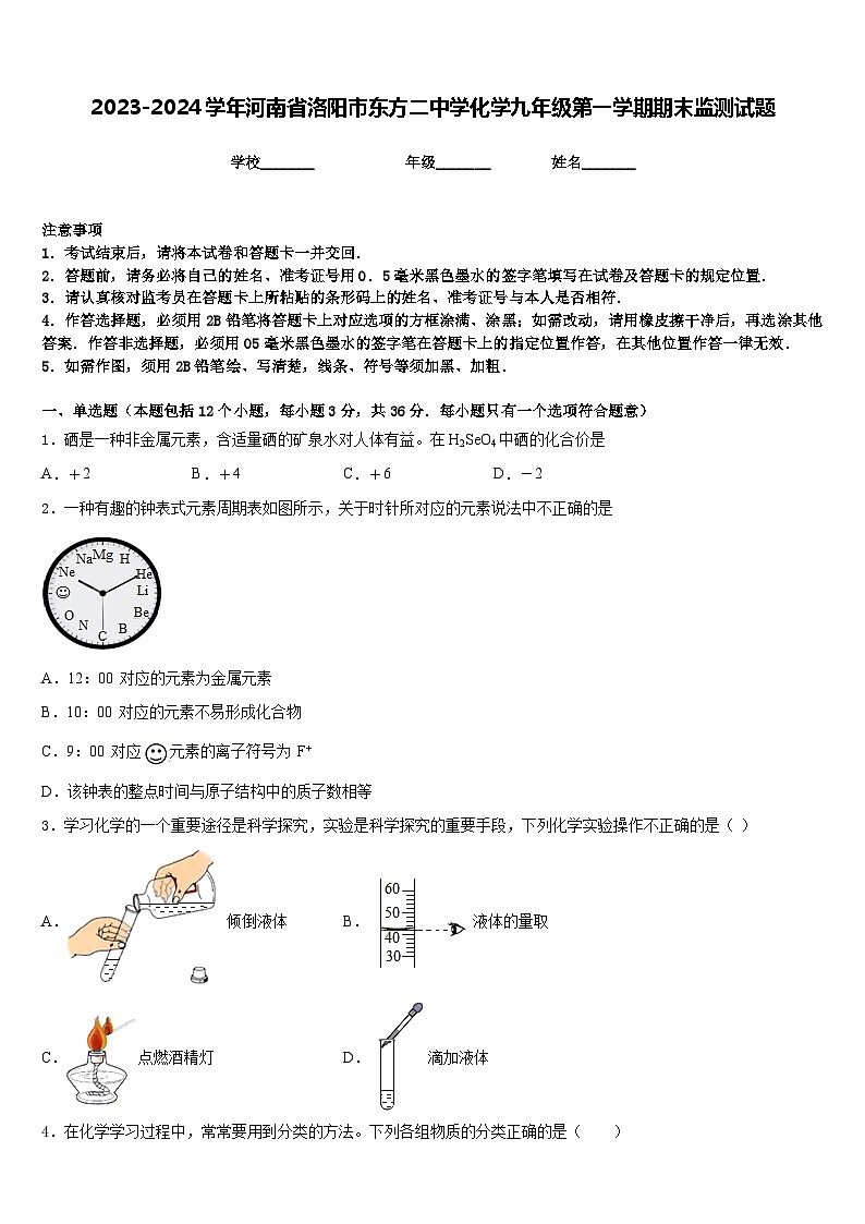 2023-2024学年河南省洛阳市东方二中学化学九年级第一学期期末监测试题含答案第1页