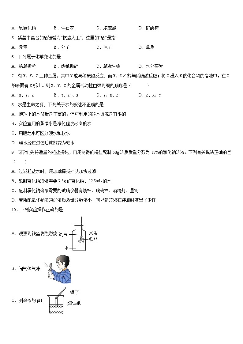 2023-2024学年浙江省杭州实验外国语学校化学九年级第一学期期末考试模拟试题含答案第2页