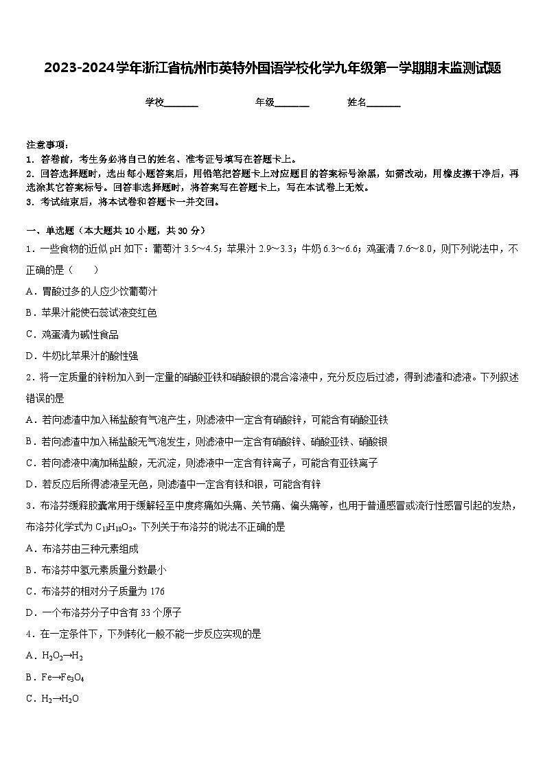 2023-2024学年浙江省杭州市英特外国语学校化学九年级第一学期期末监测试题含答案第1页