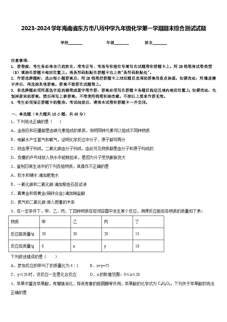 2023-2024学年海南省东方市八所中学九年级化学第一学期期末综合测试试题含答案第1页