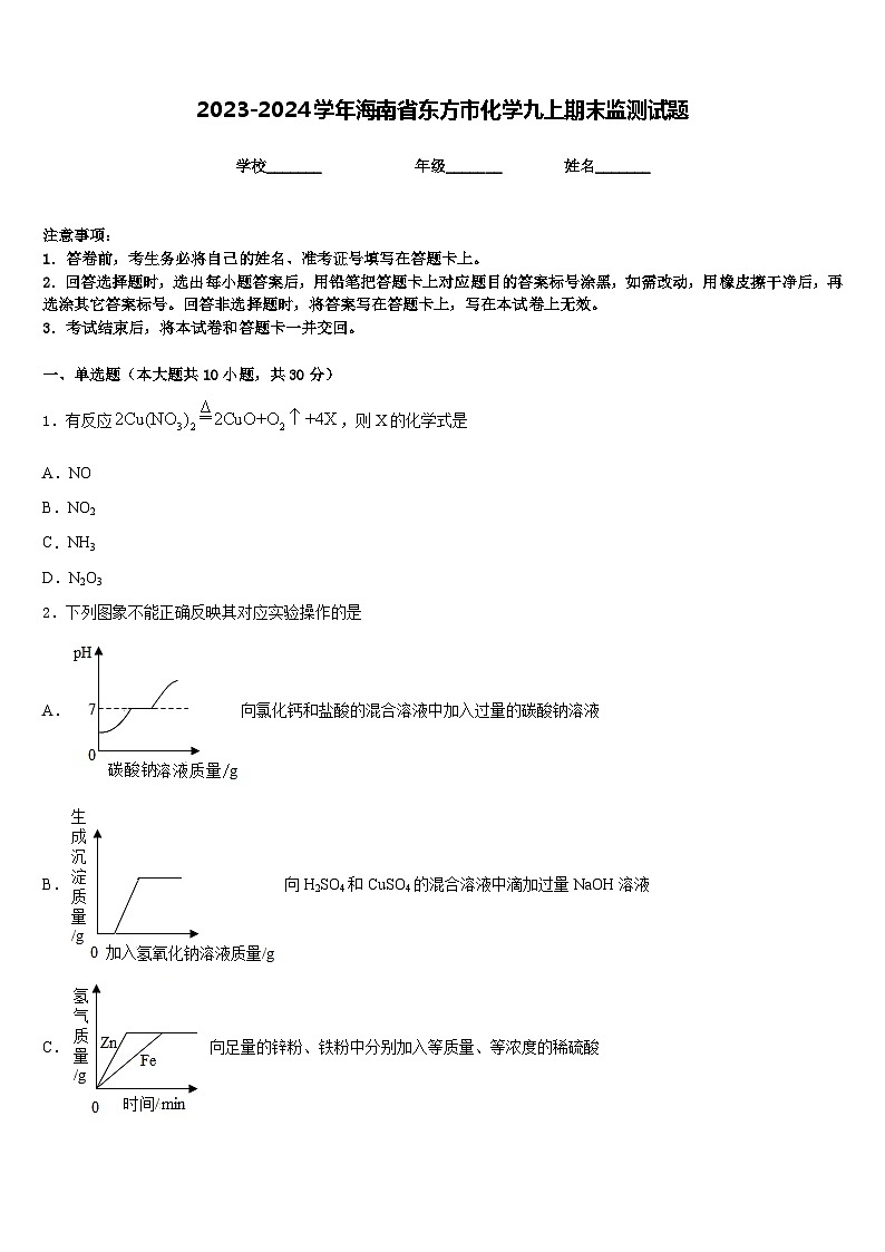 2023-2024学年海南省东方市化学九上期末监测试题含答案01