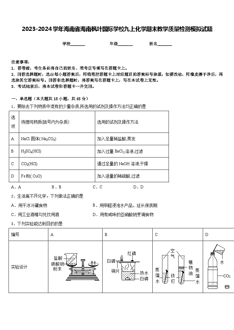 2023-2024学年海南省海南枫叶国际学校九上化学期末教学质量检测模拟试题含答案01