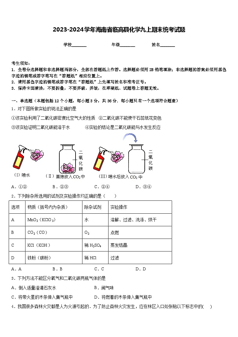 2023-2024学年海南省临高县化学九上期末统考试题含答案第1页