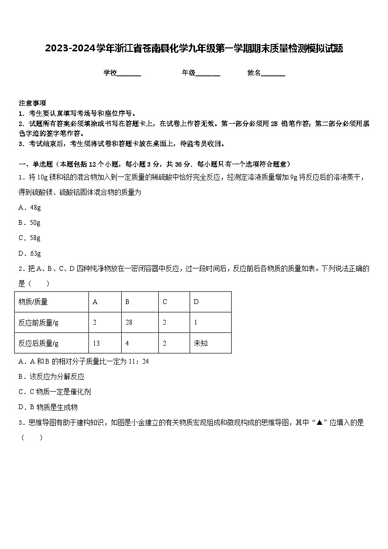 2023-2024学年浙江省苍南县化学九年级第一学期期末质量检测模拟试题含答案01