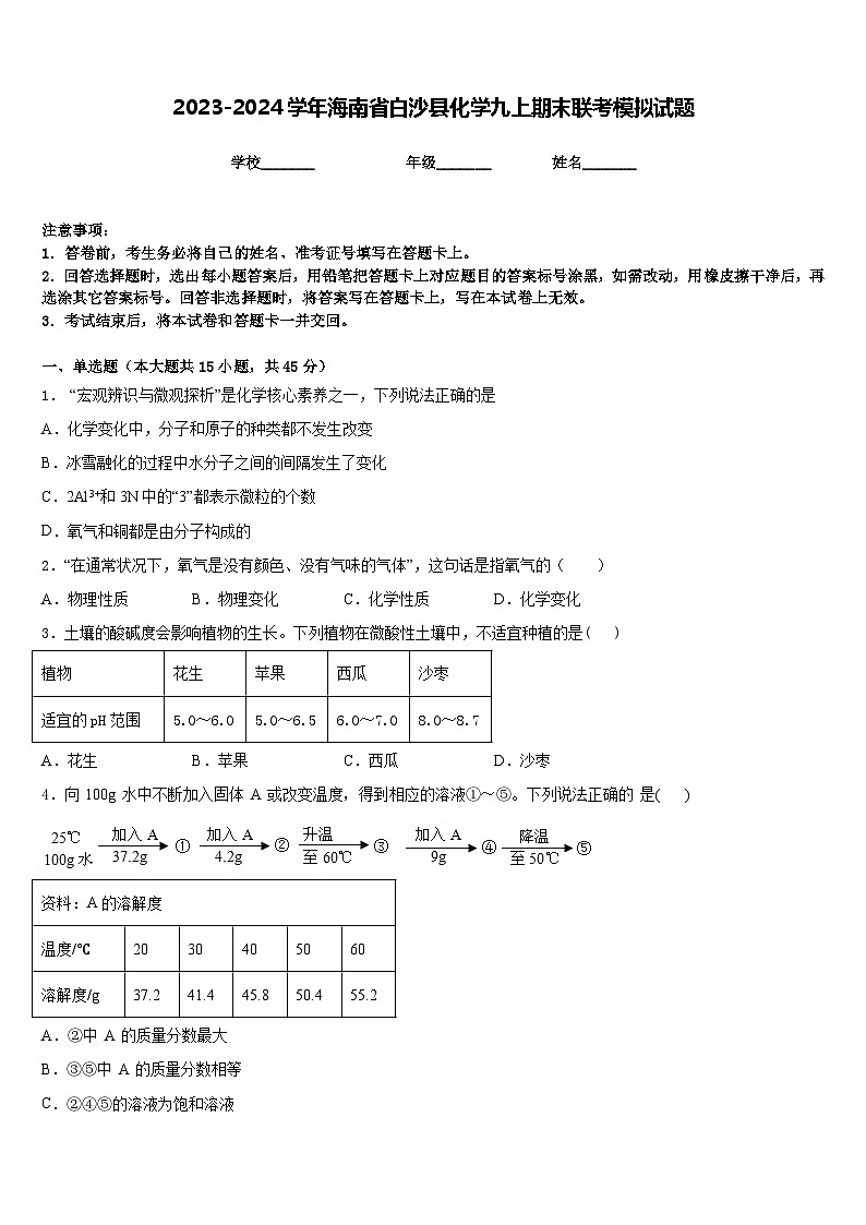 2023-2024学年海南省白沙县化学九上期末联考模拟试题含答案第1页