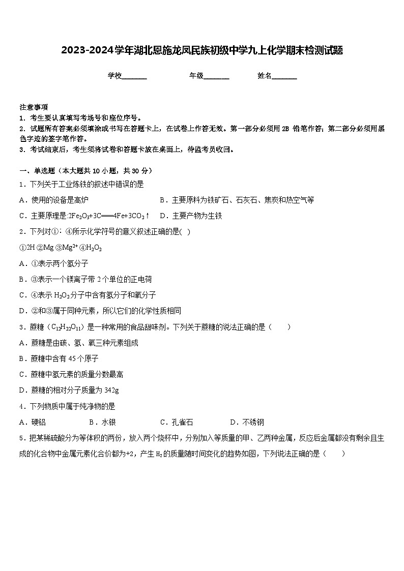 2023-2024学年湖北恩施龙凤民族初级中学九上化学期末检测试题含答案第1页