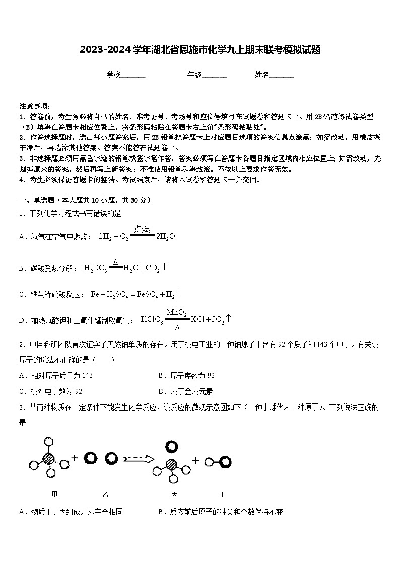2023-2024学年湖北省恩施市化学九上期末联考模拟试题含答案第1页