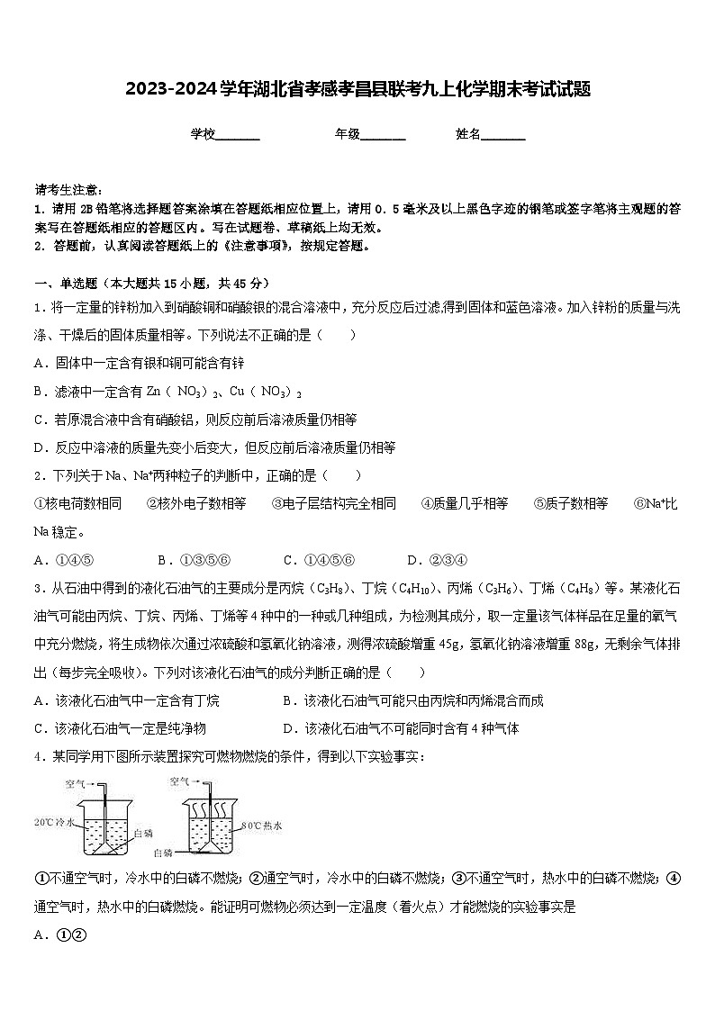 2023-2024学年湖北省孝感孝昌县联考九上化学期末考试试题含答案第1页