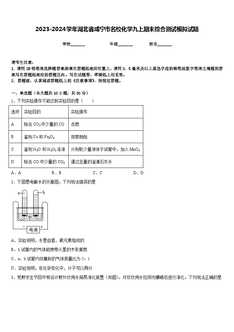 2023-2024学年湖北省咸宁市名校化学九上期末综合测试模拟试题含答案第1页