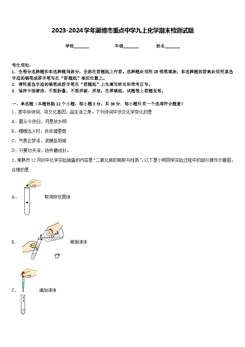 2023-2024学年淄博市重点中学九上化学期末检测试题含答案第1页