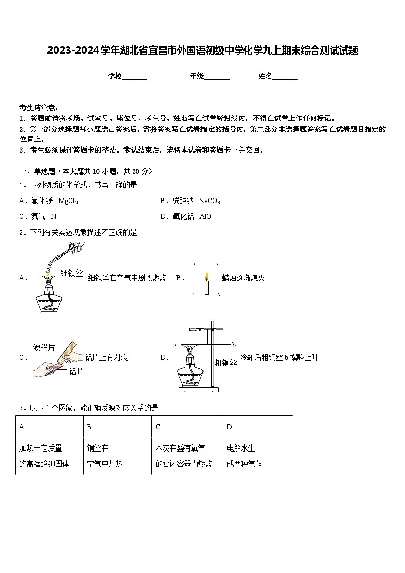 2023-2024学年湖北省宜昌市外国语初级中学化学九上期末综合测试试题含答案第1页