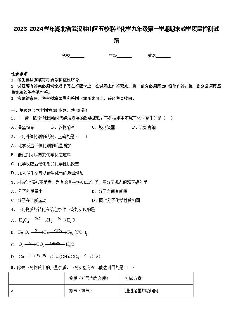 2023-2024学年湖北省武汉洪山区五校联考化学九年级第一学期期末教学质量检测试题含答案第1页