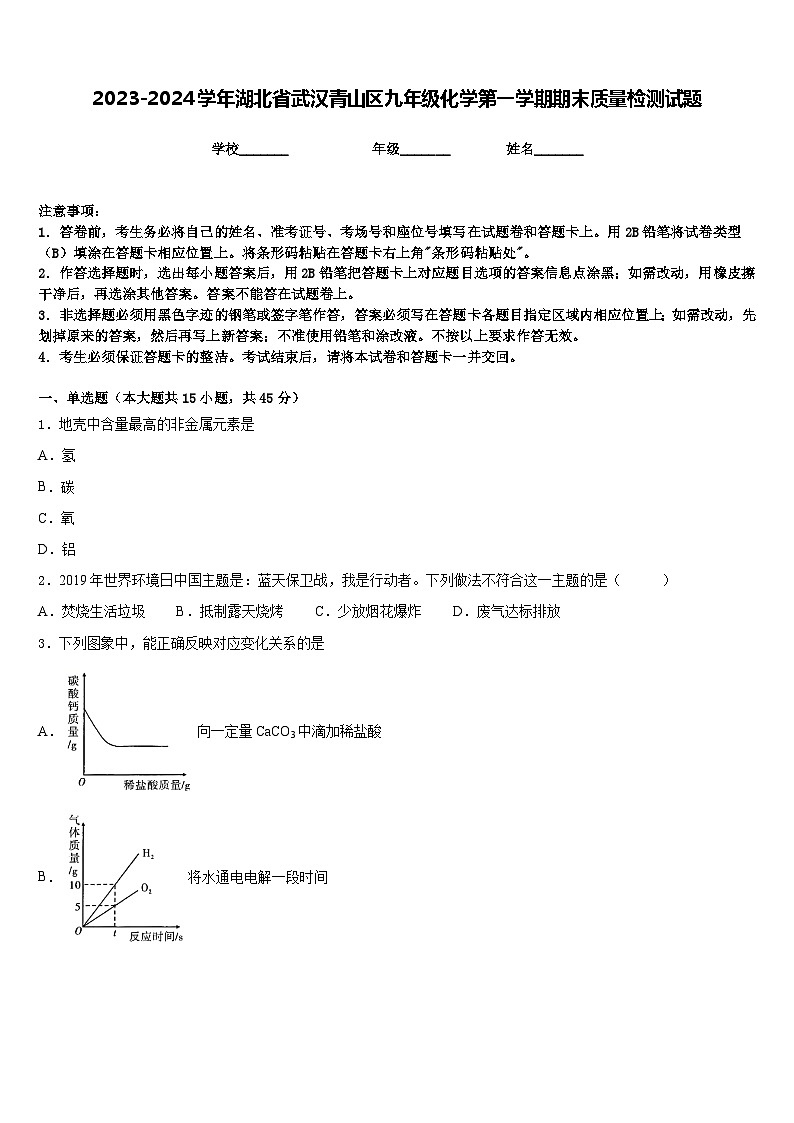 2023-2024学年湖北省武汉青山区九年级化学第一学期期末质量检测试题含答案第1页
