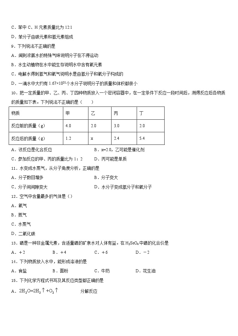2023-2024学年湖北省武汉市东湖高新区化学九年级第一学期期末质量检测模拟试题含答案03