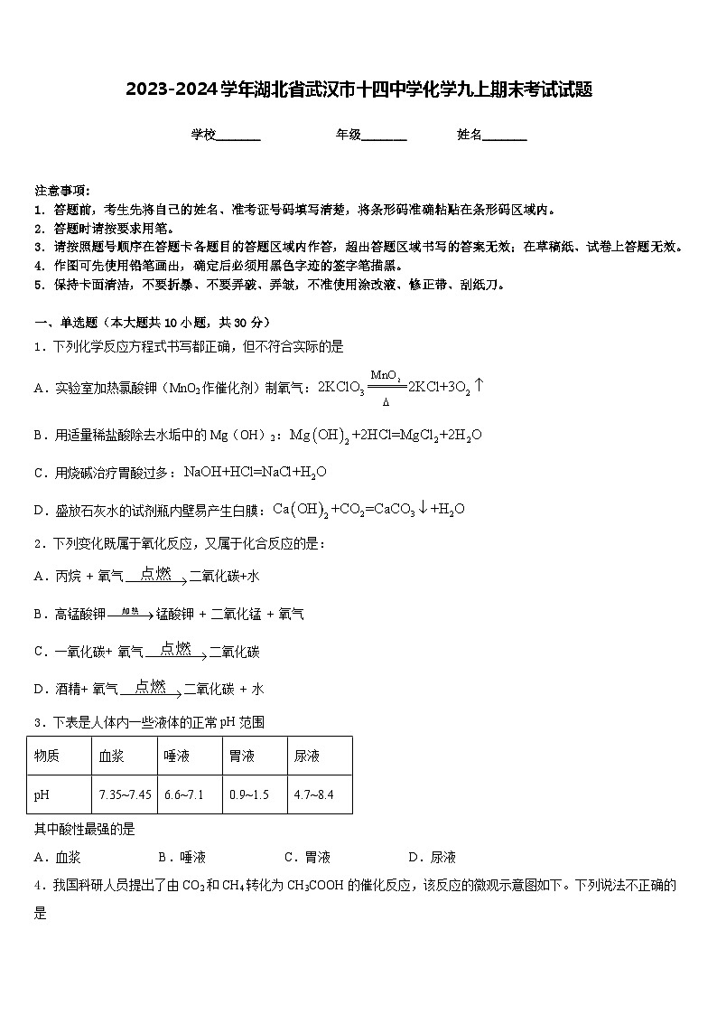2023-2024学年湖北省武汉市十四中学化学九上期末考试试题含答案01