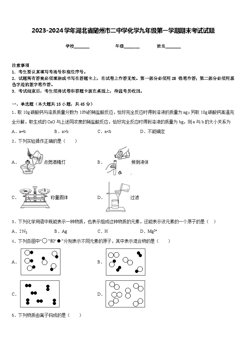 2023-2024学年湖北省随州市二中学化学九年级第一学期期末考试试题含答案01