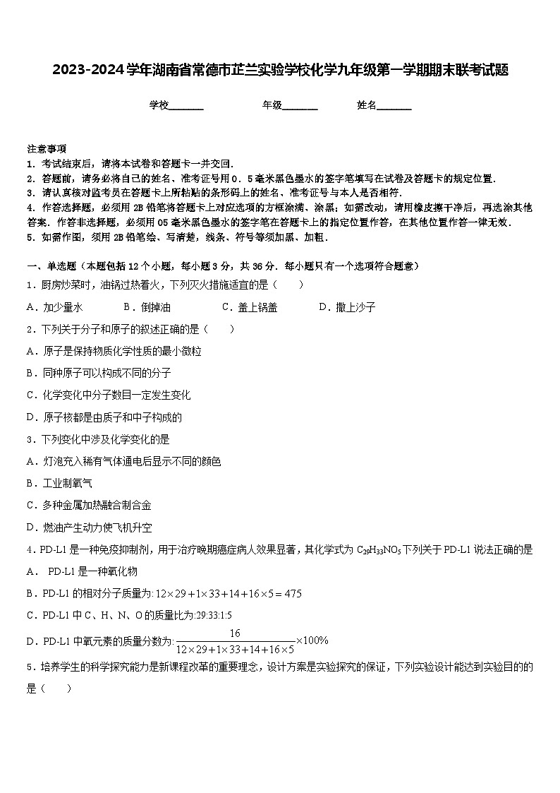 2023-2024学年湖南省常德市芷兰实验学校化学九年级第一学期期末联考试题含答案01