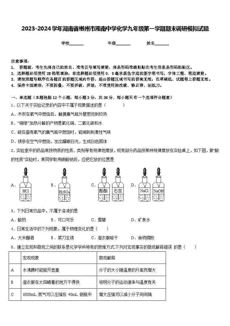 2023-2024学年湖南省郴州市湘南中学化学九年级第一学期期末调研模拟试题含答案第1页