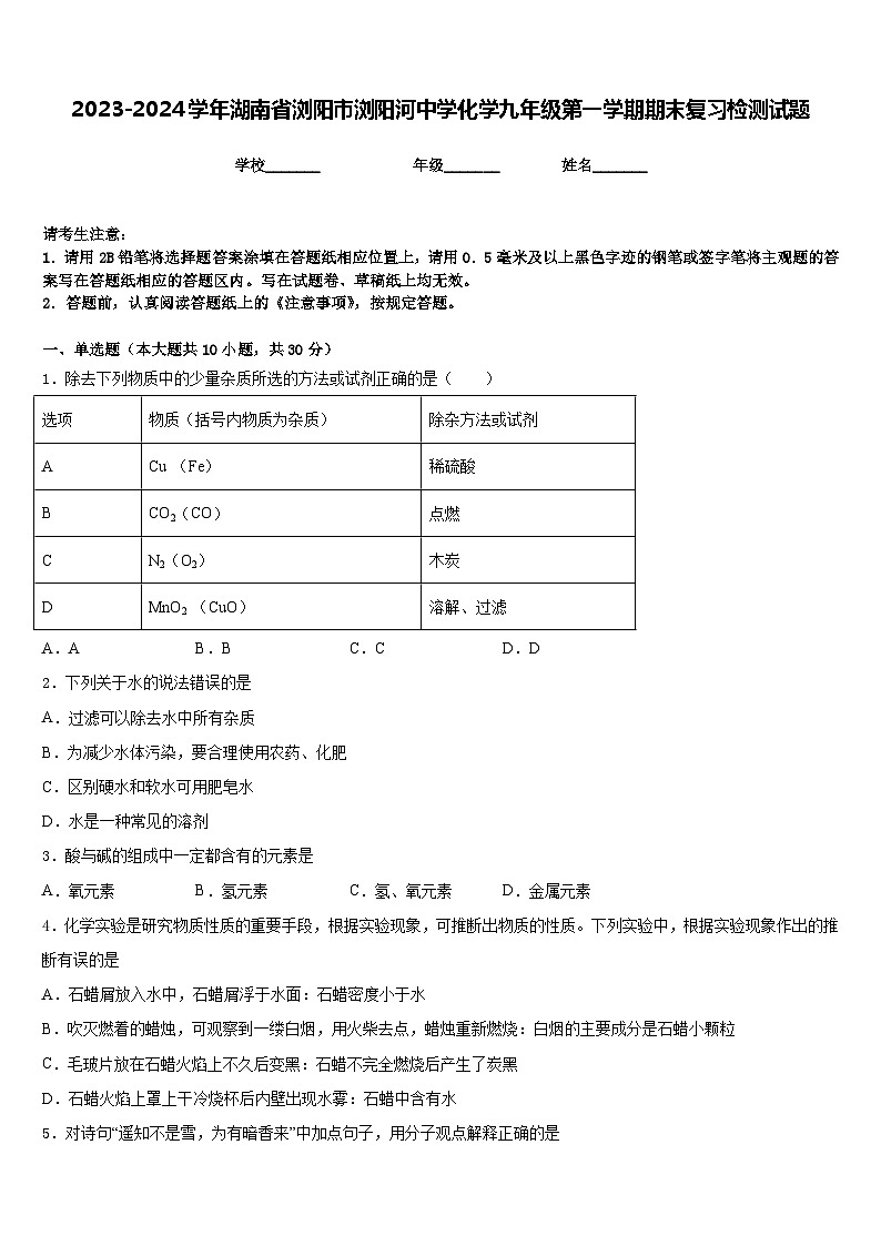 2023-2024学年湖南省浏阳市浏阳河中学化学九年级第一学期期末复习检测试题含答案第1页