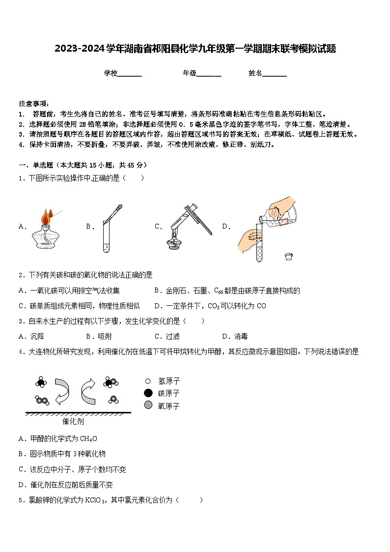 2023-2024学年湖南省祁阳县化学九年级第一学期期末联考模拟试题含答案第1页