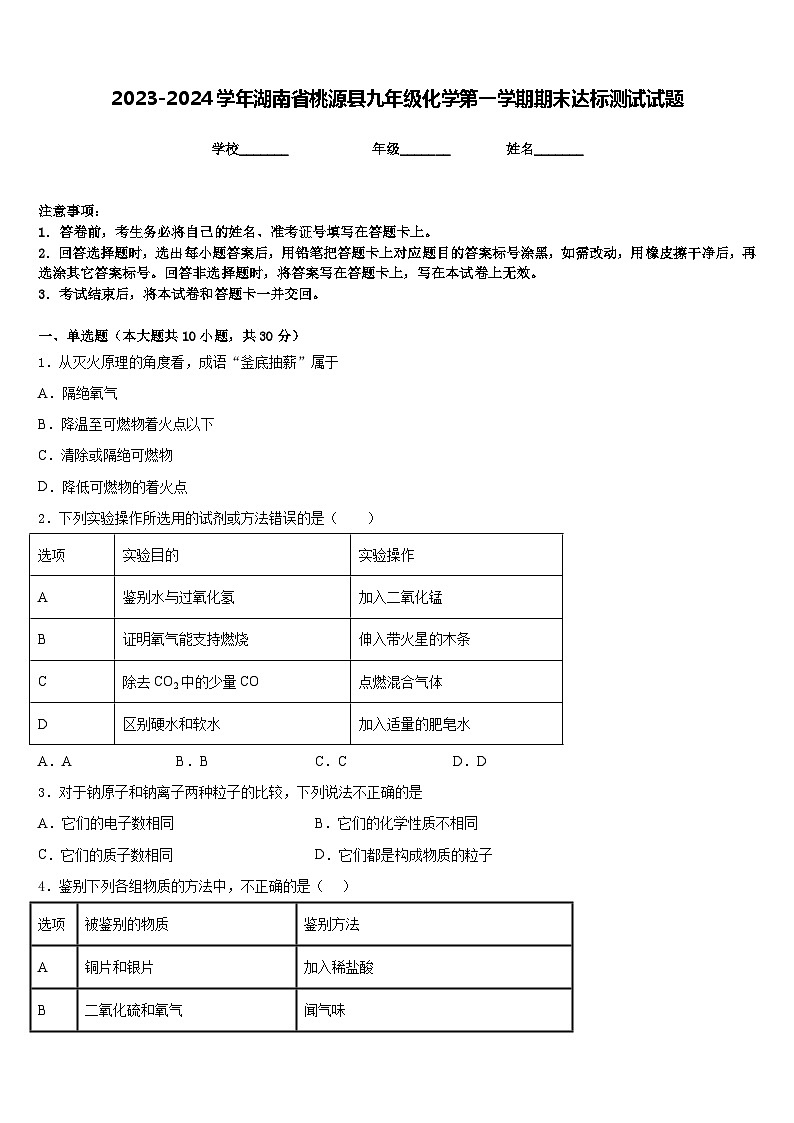 2023-2024学年湖南省桃源县九年级化学第一学期期末达标测试试题含答案第1页