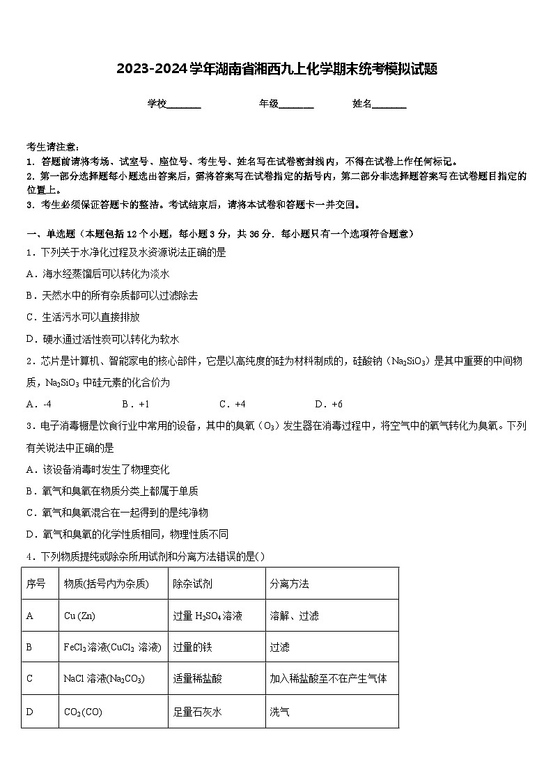 2023-2024学年湖南省湘西九上化学期末统考模拟试题含答案第1页