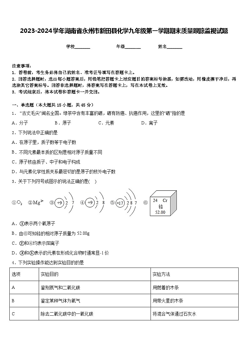 2023-2024学年湖南省永州市新田县化学九年级第一学期期末质量跟踪监视试题含答案01