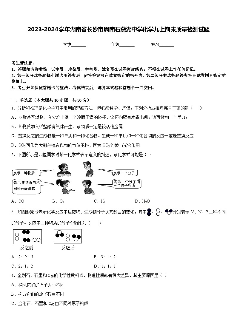 2023-2024学年湖南省长沙市周南石燕湖中学化学九上期末质量检测试题含答案01