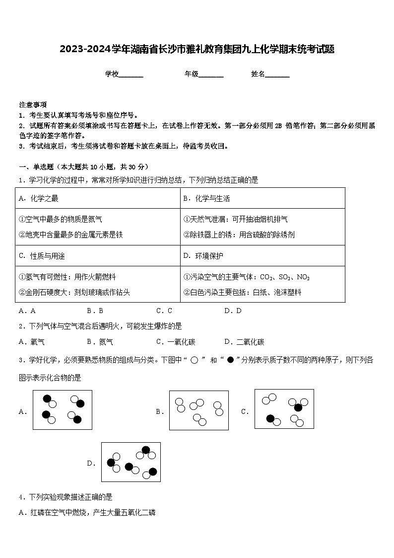 2023-2024学年湖南省长沙市雅礼教育集团九上化学期末统考试题含答案01