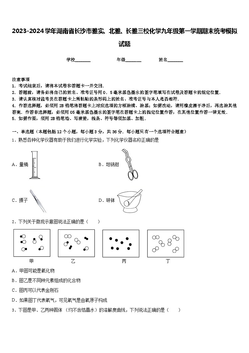 2023-2024学年湖南省长沙市雅实、北雅、长雅三校化学九年级第一学期期末统考模拟试题含答案01