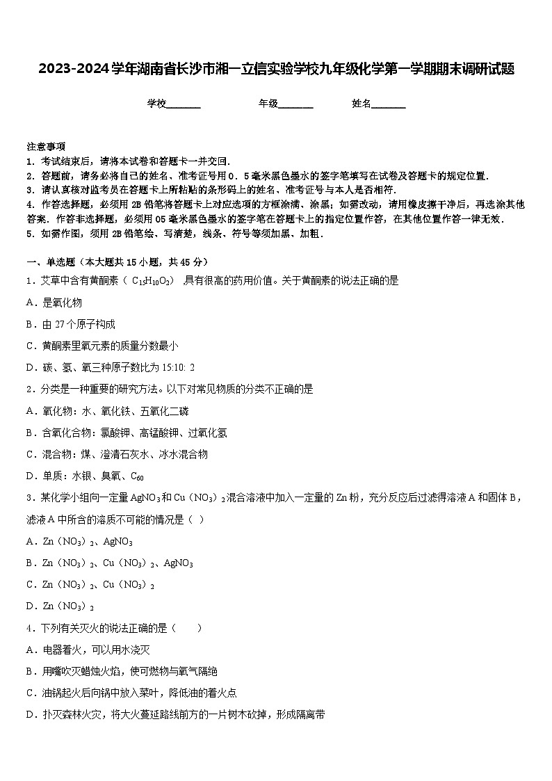 2023-2024学年湖南省长沙市湘一立信实验学校九年级化学第一学期期末调研试题含答案第1页